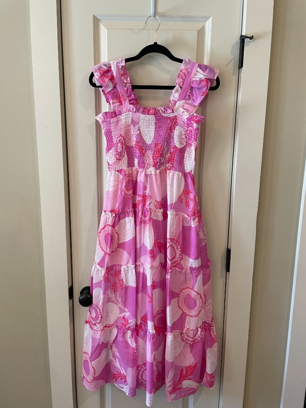 J. Marie Pink and White Floral Smocked and Tiered Midi Dress Size S - Picture 4 of 5